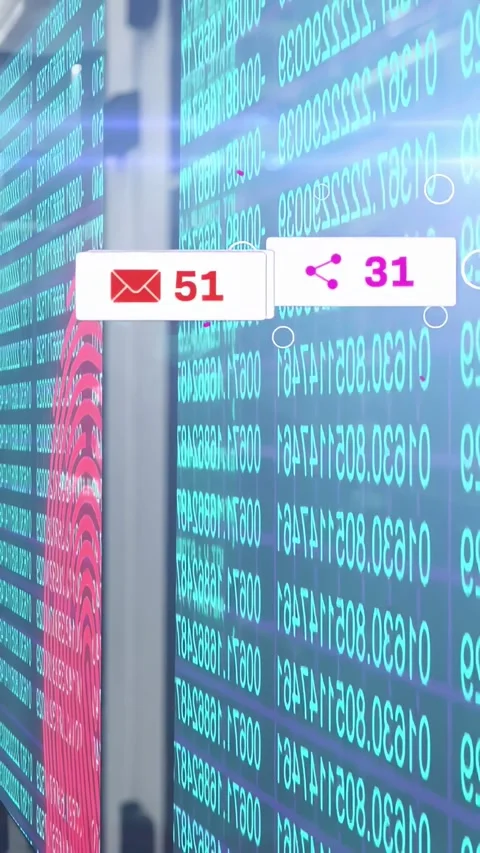 Vertical video: Tech data wall showing cyan code, receiving social activity and Stock Footage 333069772