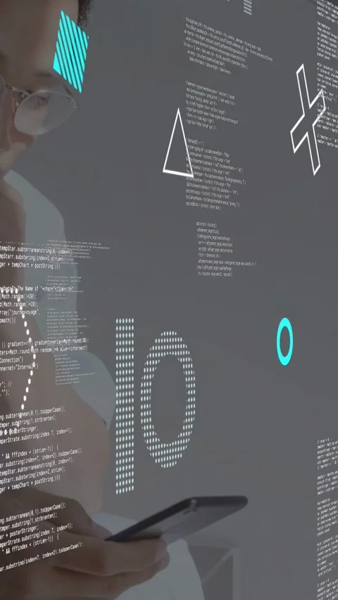 Vertical video: Tech dev raising phone tapping as holo code and icons shifting Stock Footage 335263960