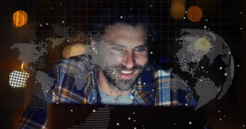 Vertical video: Tech dev tapping laptop reading code and causing world map, Stock Footage 330462243