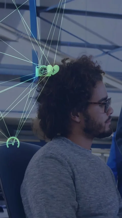 Vertical video: Tech dev turning to passing peer as neon camera or gauge icons Stock Footage 334600781