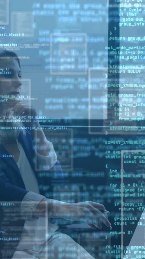 Vertical video: Tech dev typing and clicking by window, causing code panels, Stock Footage 333006162