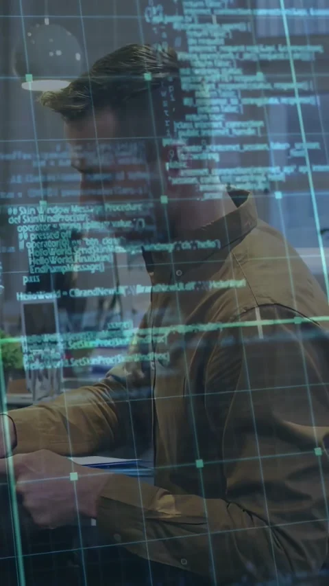 Vertical video: Tech dev typing, reading, handling folder, coding with code grid Stock Footage 334317367