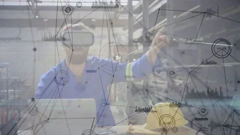 Vertical video: Tech donning headset, using laptop and moving network nodes for Stock Footage 334034829