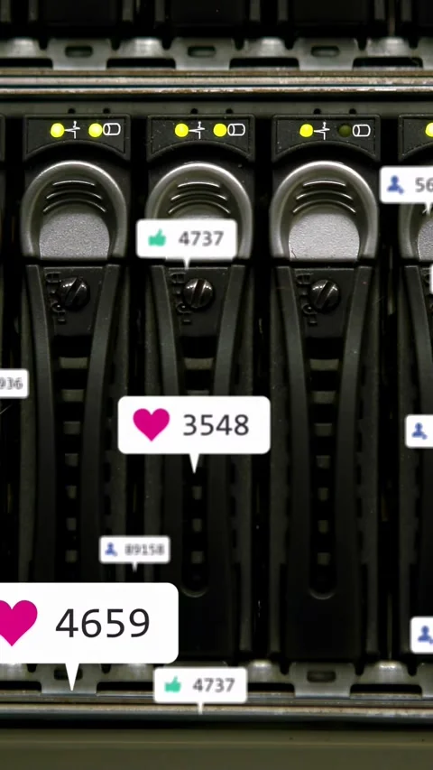 Vertical video: Tech drives centering system sending hearts thumbs user counts Stock Footage 332846228