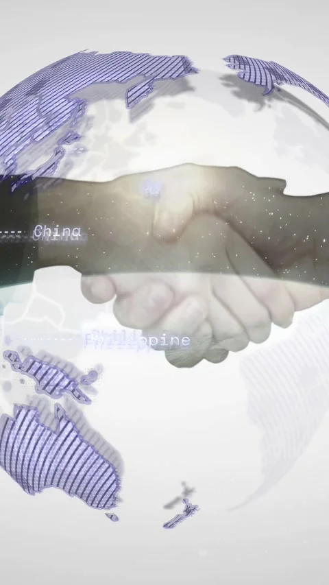 Vertical video: Tech duo shaking hands and starting globe spin around them Stock Footage 335678231