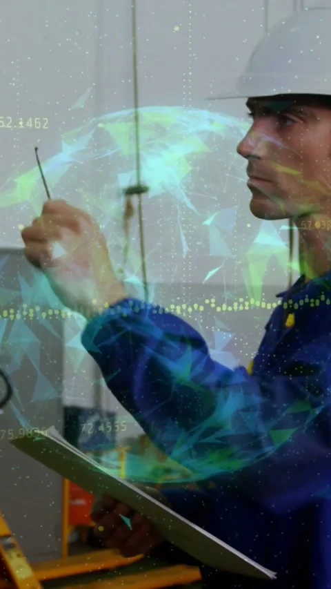 Vertical video: Tech entering checking hooks fixing fitting noting holo overlay Stock Footage 334540919