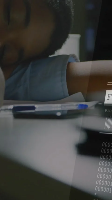 Vertical video: Tech file overlay appearing while waiting, woman resting head on Stock Footage 334397024