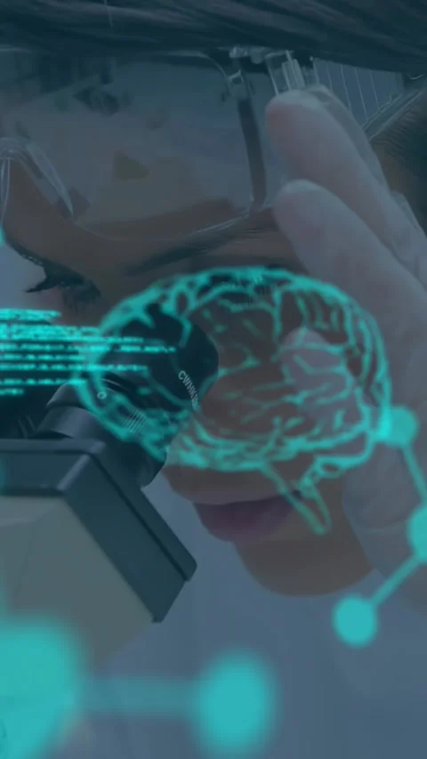 Vertical video: Tech fixing goggles using scope and starting AR brain with cyan Stock Footage 330358840