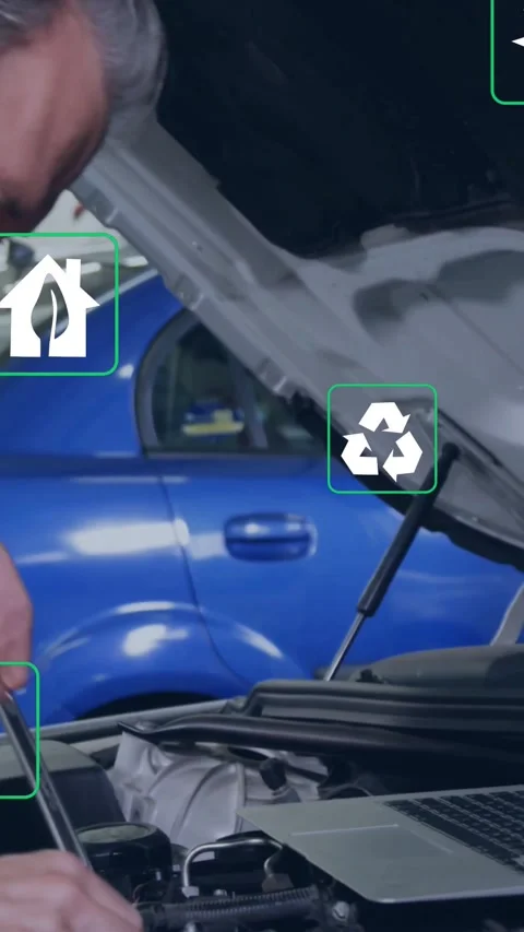Vertical video: Tech following laptop data, eco icons floating above bay, Stock Footage 334602578
