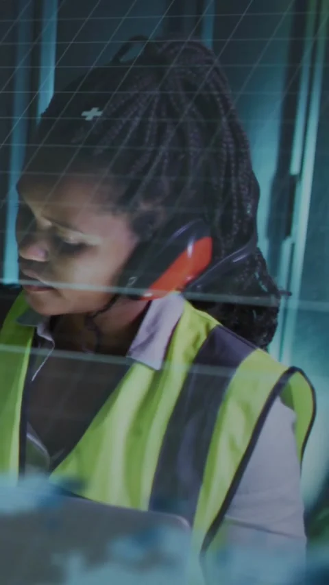 Vertical video: Tech glancing at panel turning and listening checking plant data Stock Footage 331337082