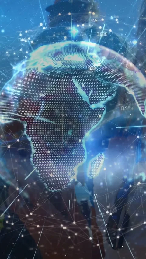 Vertical video: Tech globe starting spin to India for data, labels moving and Stock Footage 332594505