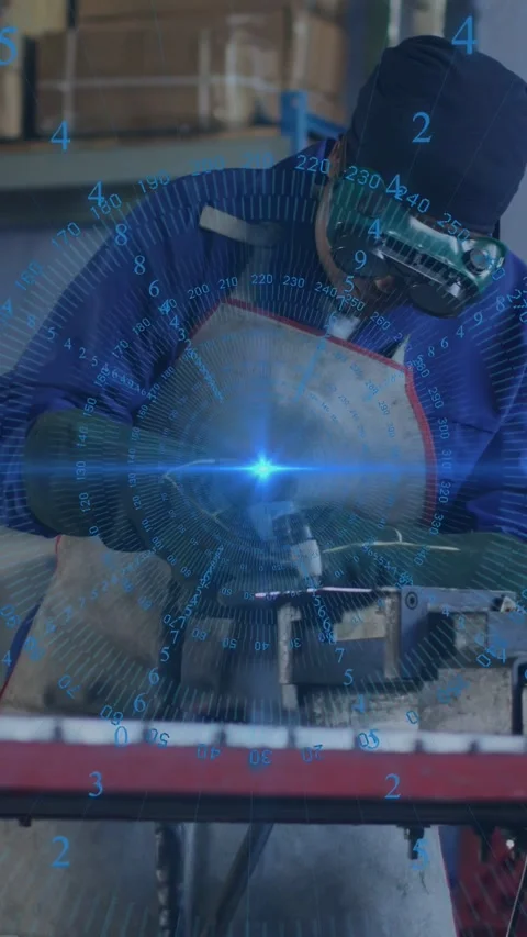 Vertical video: Tech grinding metal grinder sparking cutting shape blue holo Stock Footage 333527999