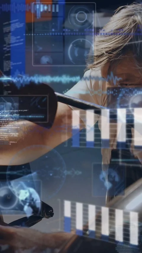 Vertical video: Tech gripping bars, tuning controls and causing HUD graphs for Stock Footage 334317496