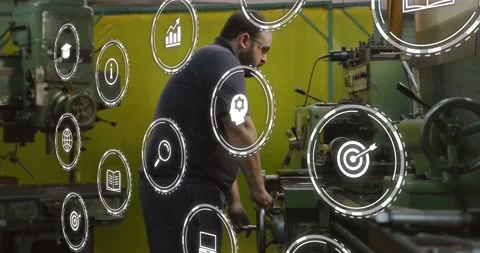 Vertical video: Tech gripping metal lathe, turning, adjusting knobs for 스톡 동영상 331085386