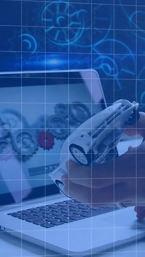 Vertical video: Tech hand placing bot part over laptop starting binary grid and Stock Footage 334770936