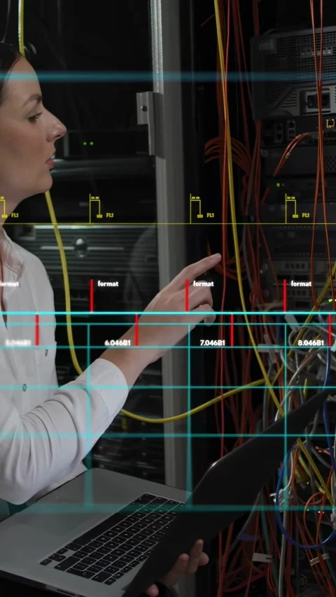 Vertical video: Tech holding laptop, pointing cables, HUD aligning fingertip Stock Footage 335263810