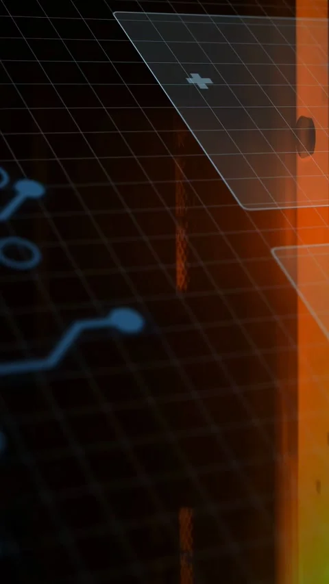 Vertical video: Tech HUD booting on dark grid, blue lines appearing and tiles Stock Footage 332747870