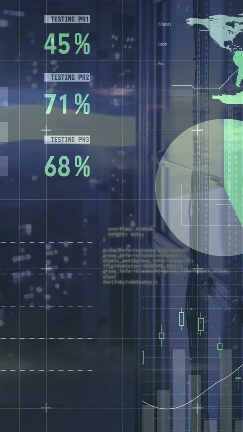 Vertical video: Tech HUD overlay updating, live feed driving gauges, charts and Stock Footage 332985031