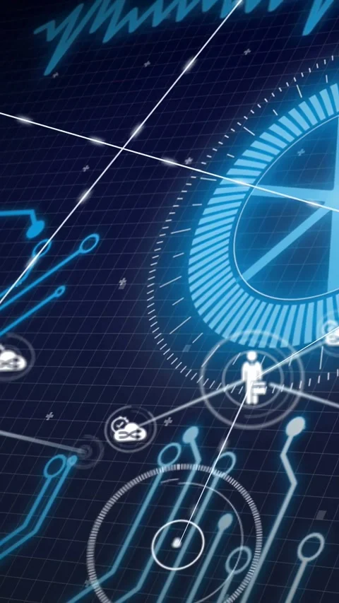 Vertical video: Tech icon reacting to node spawn showing rings and linking cloud Stock Footage 332595127