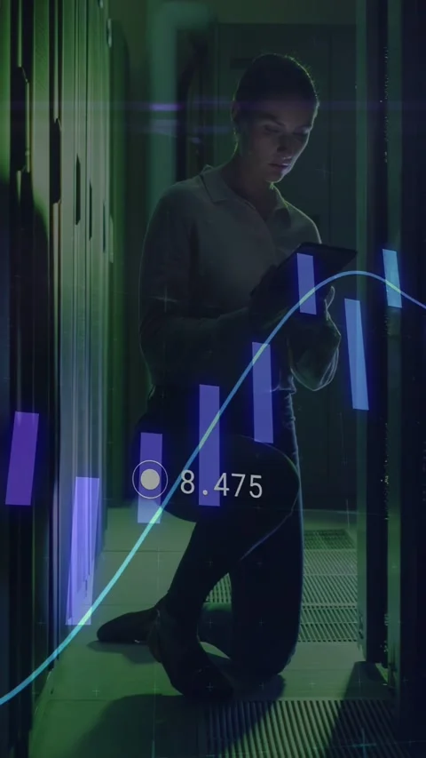 Vertical video: Tech kneeling in server aisle using tablet updating live metrics Stock Footage 332806786