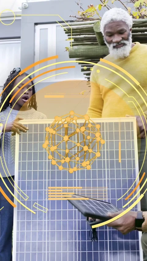Vertical video: Tech kneeling tapping module, teaching family wiring solar Stock Footage 333157578
