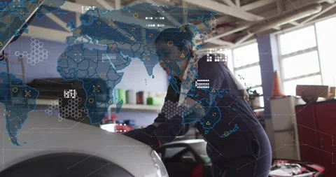 Vertical video: Tech leaning into hood, probing while scan starting and map Stock Footage 330208745