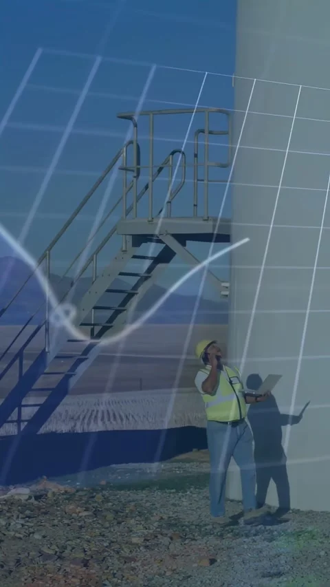 Vertical video: Tech leaving shade inspecting energy tower base on phone under 動画素材 332507062