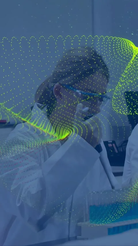 Vertical video: Tech lifting pipette, pipetting tips for lab assay, green dots Stock Footage 332507035