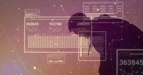 Vertical video: Tech man leaning and looking, initiating floating UI panels and Video stock 334115638