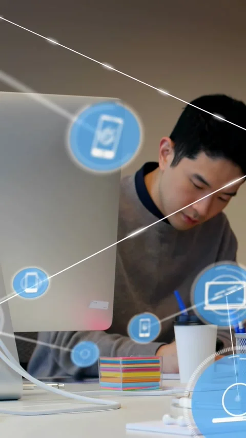 Vertical video: Tech man writing, pen moving, device icons or lines appearing Stock Footage 334541273