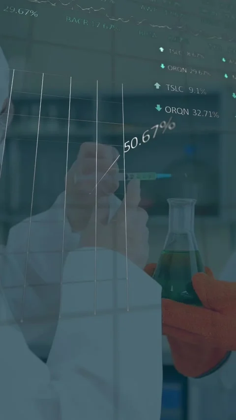 Vertical video: Tech moving pipette, starting lab data graphs while adding green Stock Footage 331077159
