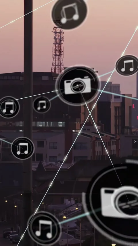 Vertical video: Tech network forming from node growing above skyline showing Stock Footage 332277947