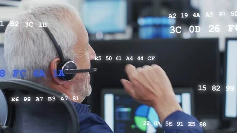 Vertical video: Tech operator adjusting headset monitoring charts and smiling 스톡 동영상 333221100