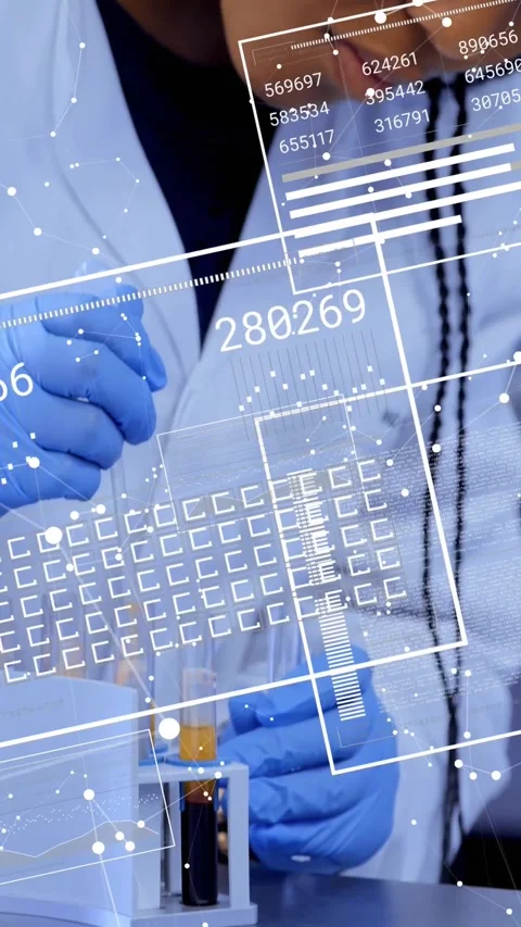 Vertical video: Tech picking amber vial, rotating and testing sample with HUD Stock Footage 331738873
