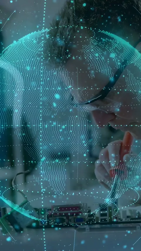 Vertical video: Tech placing red driver on circuit, fixing electronics, teal Stock Footage 334546793