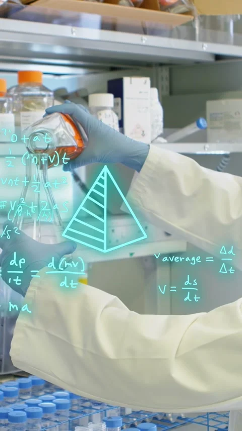 Vertical video: Tech pouring reagent between vials in lab, sparking cyan graphs Vídeos de archivo 335264095