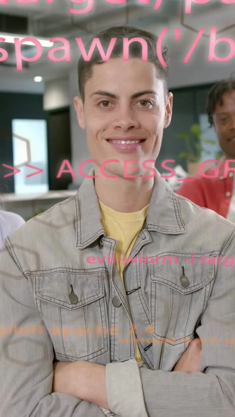 Vertical video: Tech pro centered, smiling as pink code overlay scrolling up Stock Footage 333513587