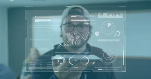 Vertical video: Tech pro raising tablet showing HUD world map, rising line chart Stock Footage 331026613
