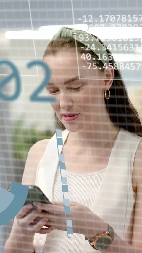 Vertical video: Tech pro tapping phone, showing rotating pie, numbers, COLLECT Stock Footage 333289181