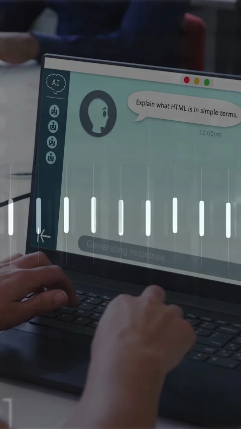 Vertical video: Tech pro typing on laptop, asking about HTML causing waveform Stock Footage 335678001