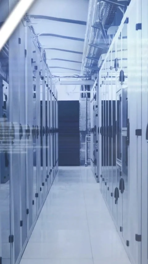 Vertical video: Tech rack aisle holding while frames causing code overlays, Stock Footage 333836167