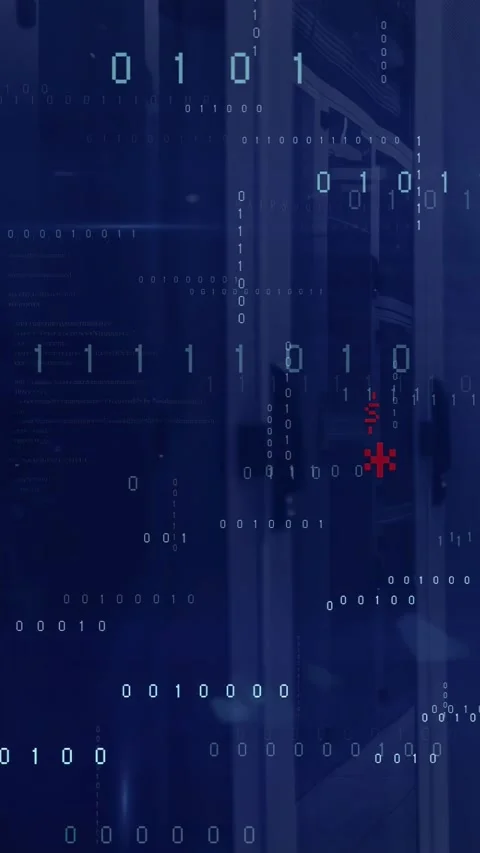 Vertical video: Tech rack getting binary stream, overlaying with code and red Stock Footage 332595013