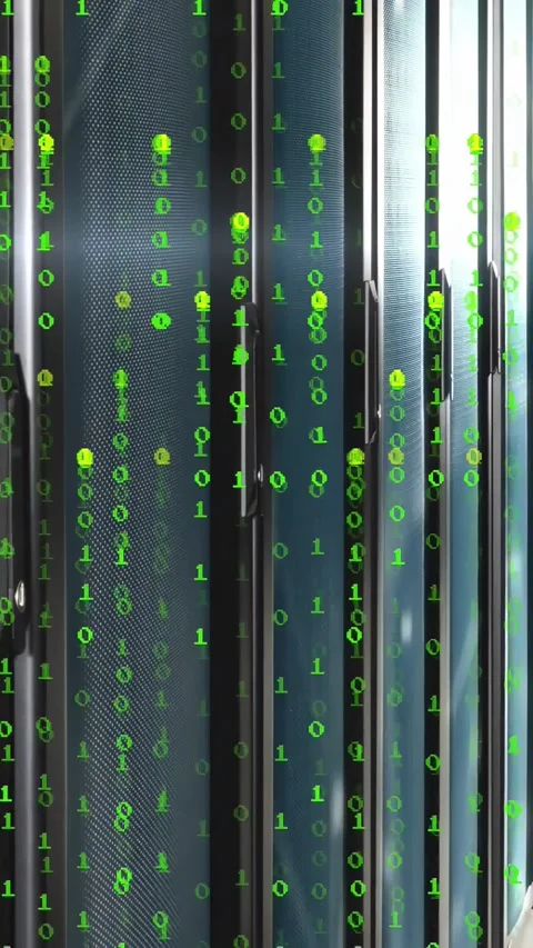 Vertical video: Tech rack panels receiving data showing green binary streams Stock Footage 331333891