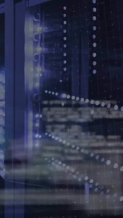 Vertical video: Tech rack receiving data, code scrolling and LED chains tracing Stock Footage 334317346