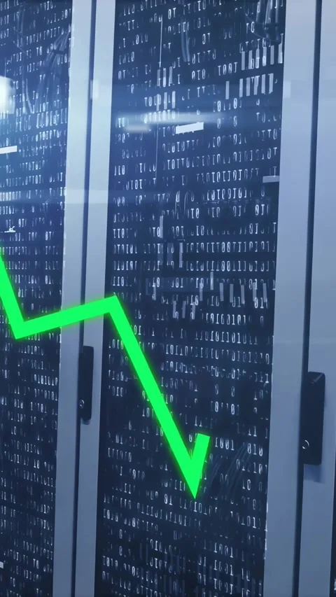 Vertical video: Tech racks reacting to data feed, showing green yellow cyan Stock Footage 334546748