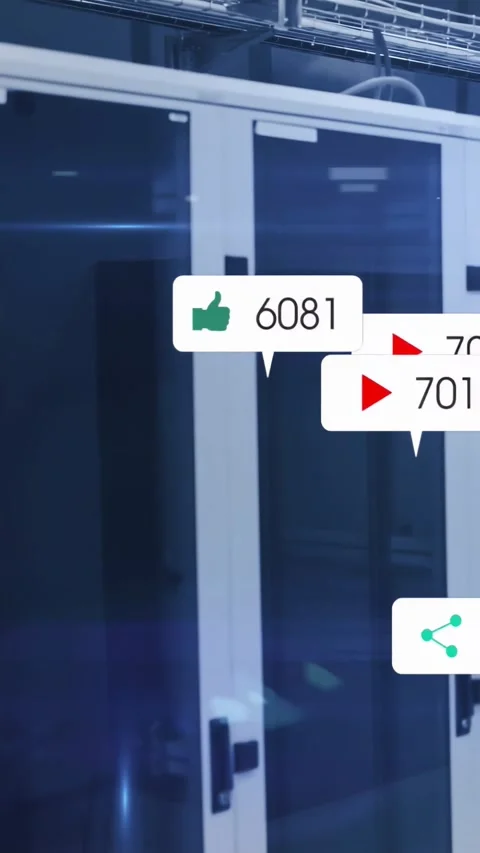 Vertical video: Tech racks receiving data and showing animated badges peaking Stock Footage 331292005