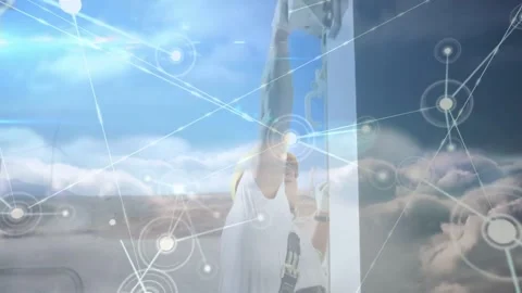 Vertical video: Tech reaching up fastening panel bracket while cloud nodes Stock Footage 332275931