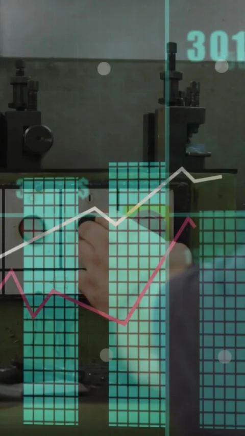 Vertical video: Tech reaching panel, causing finance HUD, turning knob and Stockbeeldmateriaal 330581163