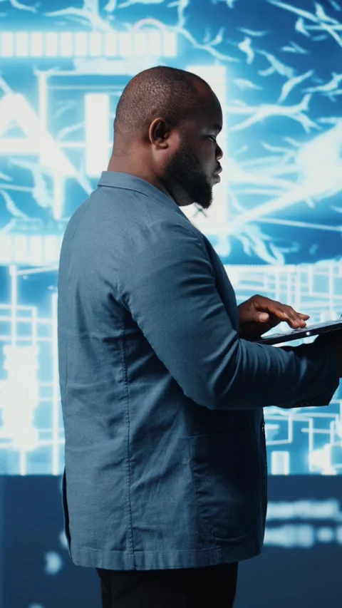 Vertical Video Tech savvy black engineer working with AI brain data Stock Footage 312123541
