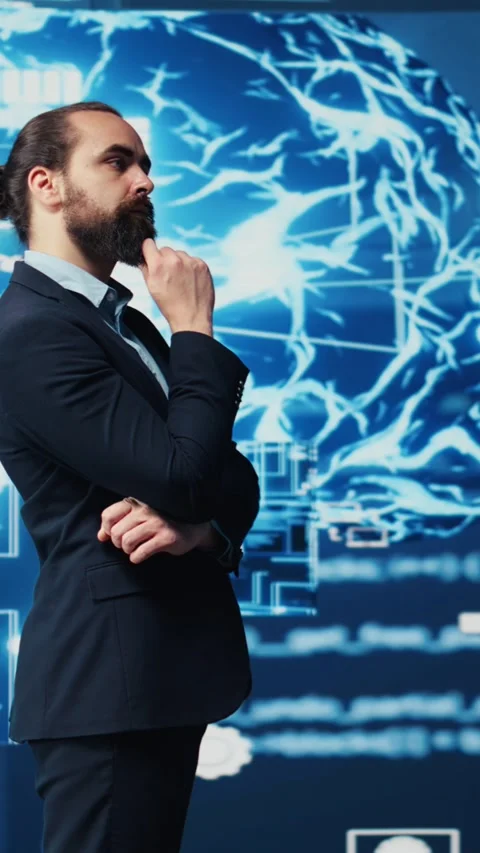 Vertical Video Tech savvy businessman employing AI brain data visualization Stock Footage 310643067